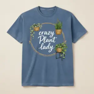 Blue jean crazy plant lady t-shirt with monstera botanical slogan design printed on the front.